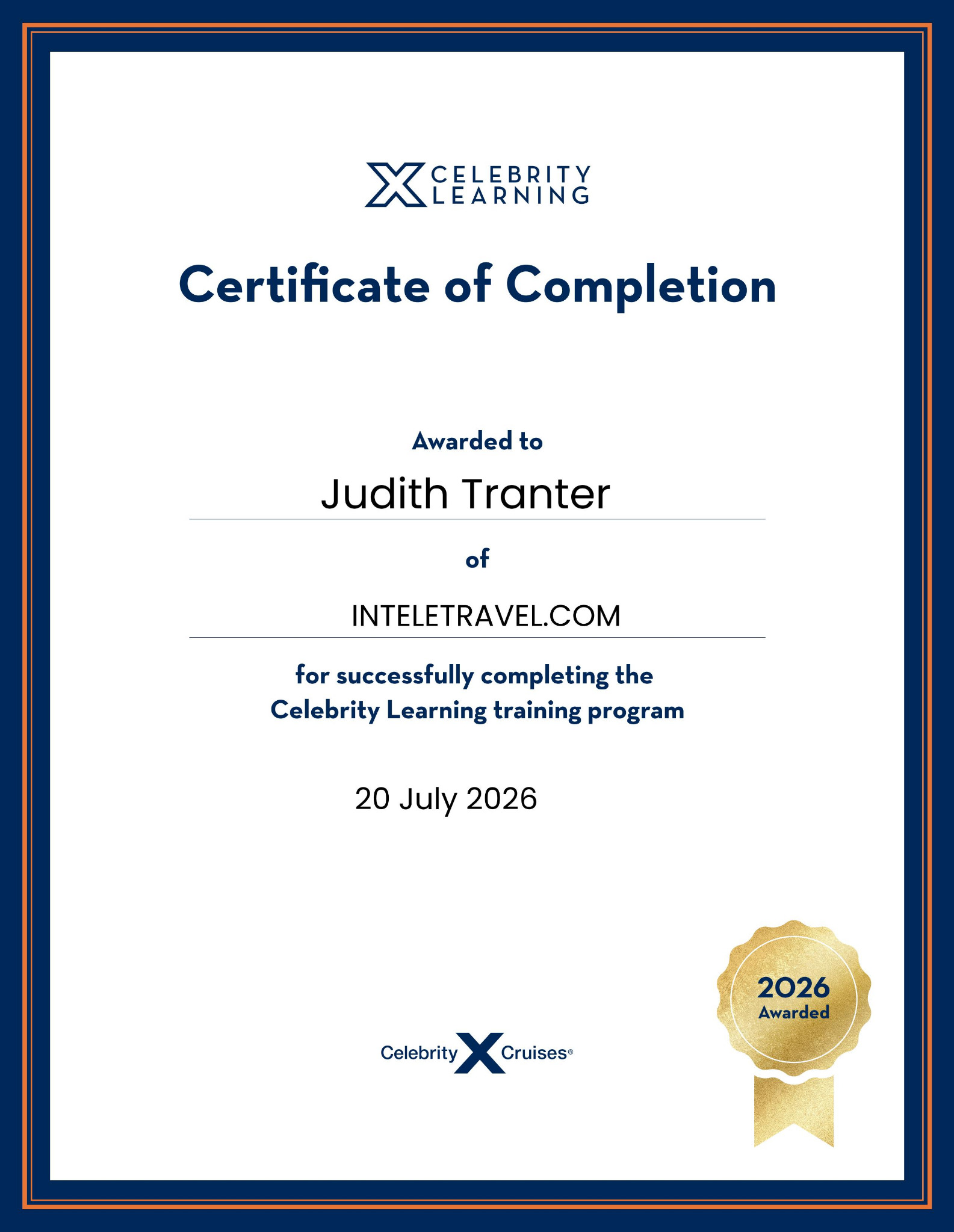 Celebrity Learning Certificate of Completion awarded July 20, 2026
